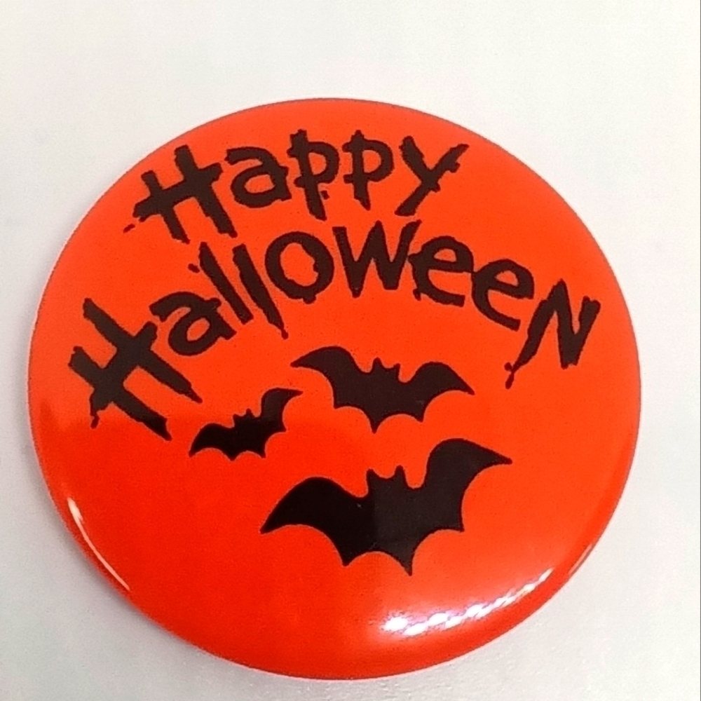 VTG Halloween‎ Button Pin 90s HAPPY HALLOWEEN Orange Black Bats Metal Goth